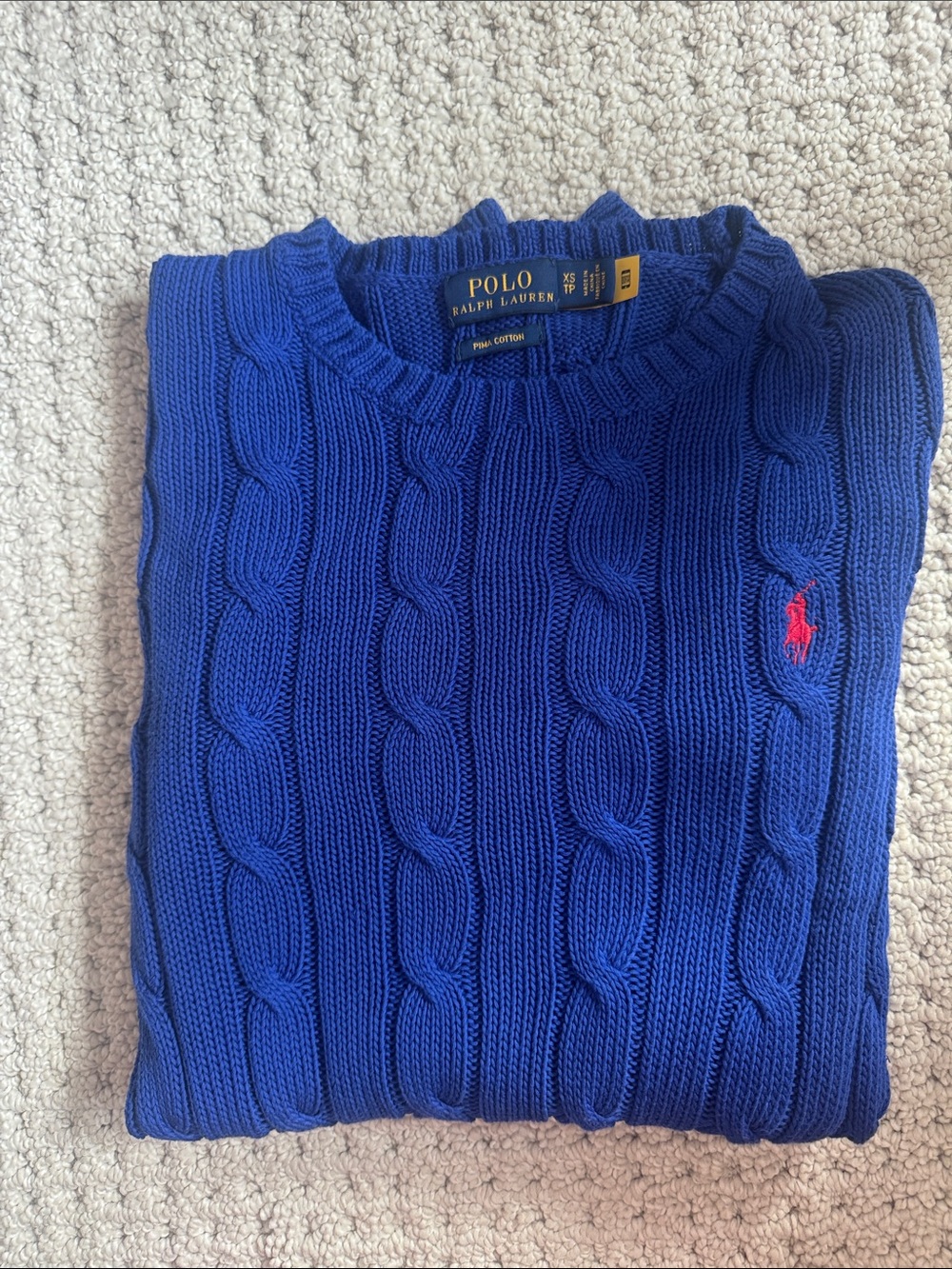 Polo by Ralph Lauren Royal Blue Cable-Knit Crewneck Sweater with Red Pony